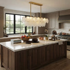 Modern Brass Scale Art Glass Linear Chandelier Over Kitchen Island