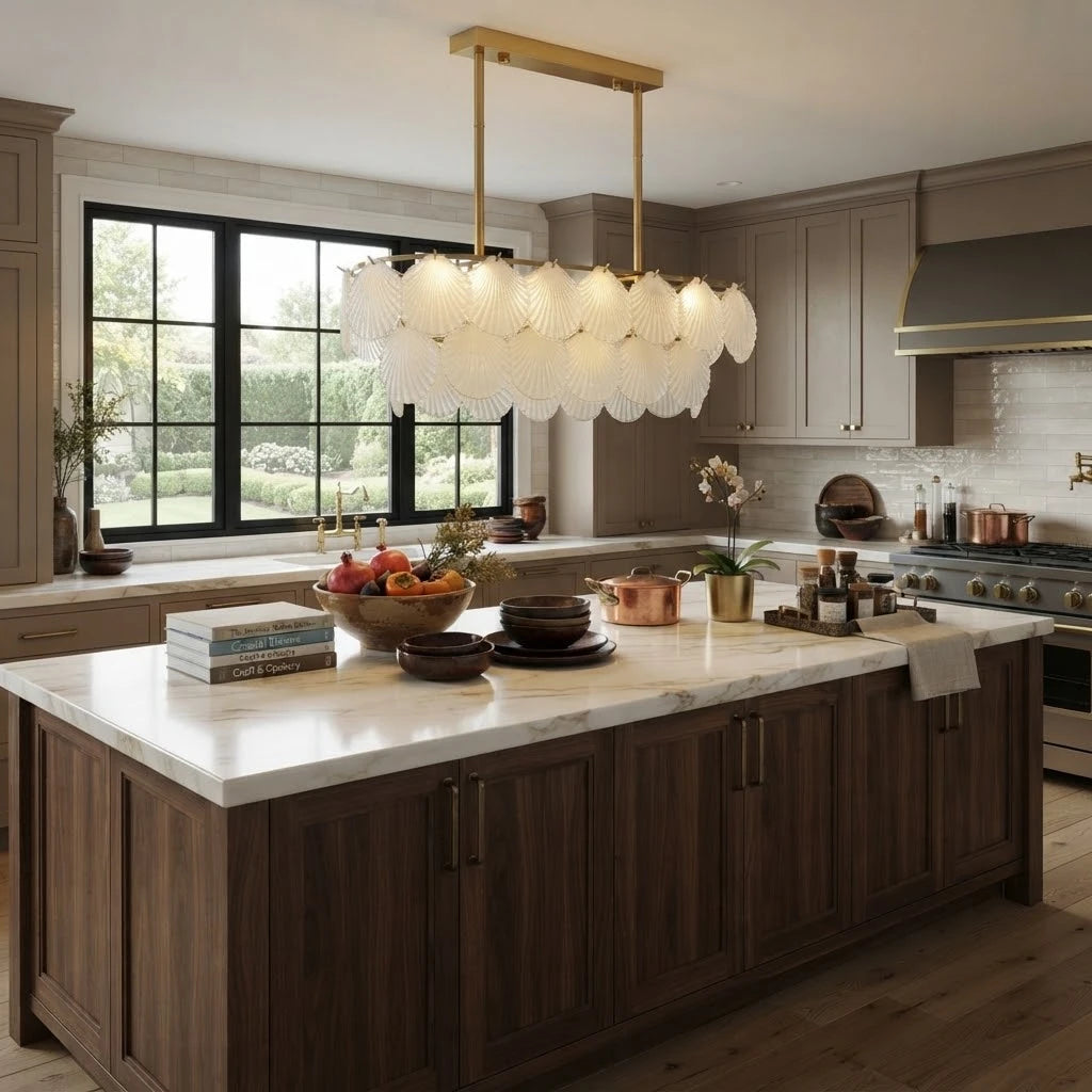 Modern Brass Scale Art Glass Linear Chandelier Over Kitchen Island