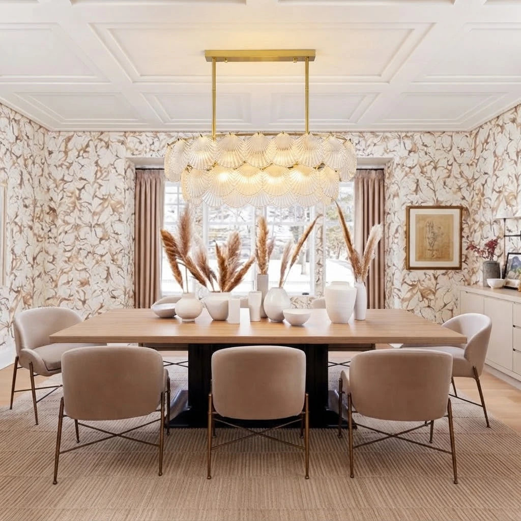 Modern Frosted Scale Art Glass Linear Chandelier in Open Plan Dining Setting