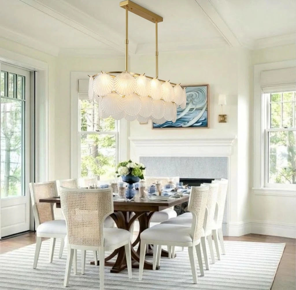 Modern Frosted Scale Art Glass Linear Chandelier in Contemporary Dining Area