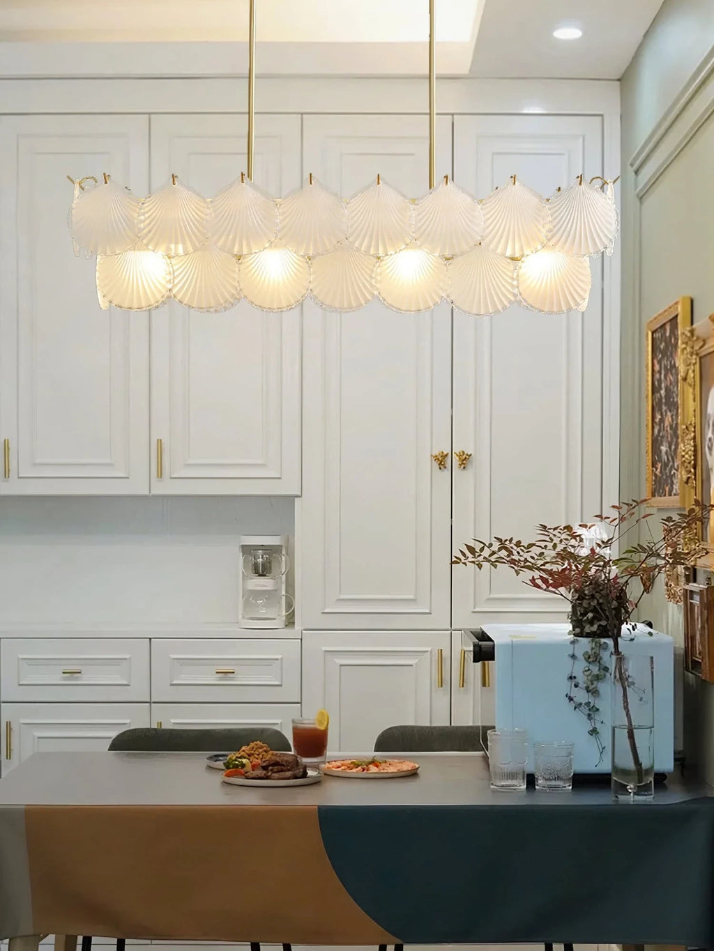 Modern Brass Scale Art Glass Linear Chandelier in Modern Kitchen Dining Space