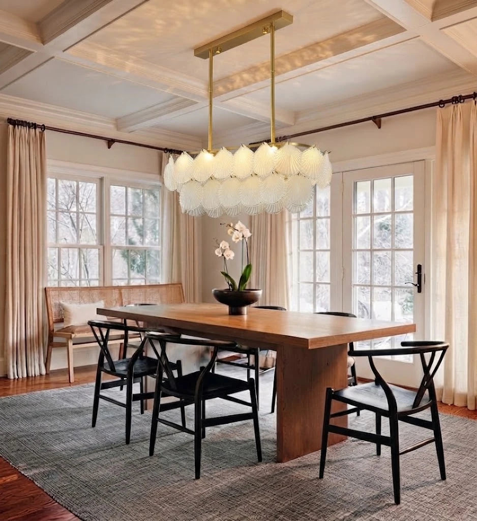 Modern Frosted Scale Art Glass Linear Chandelier in Formal Dining Room
