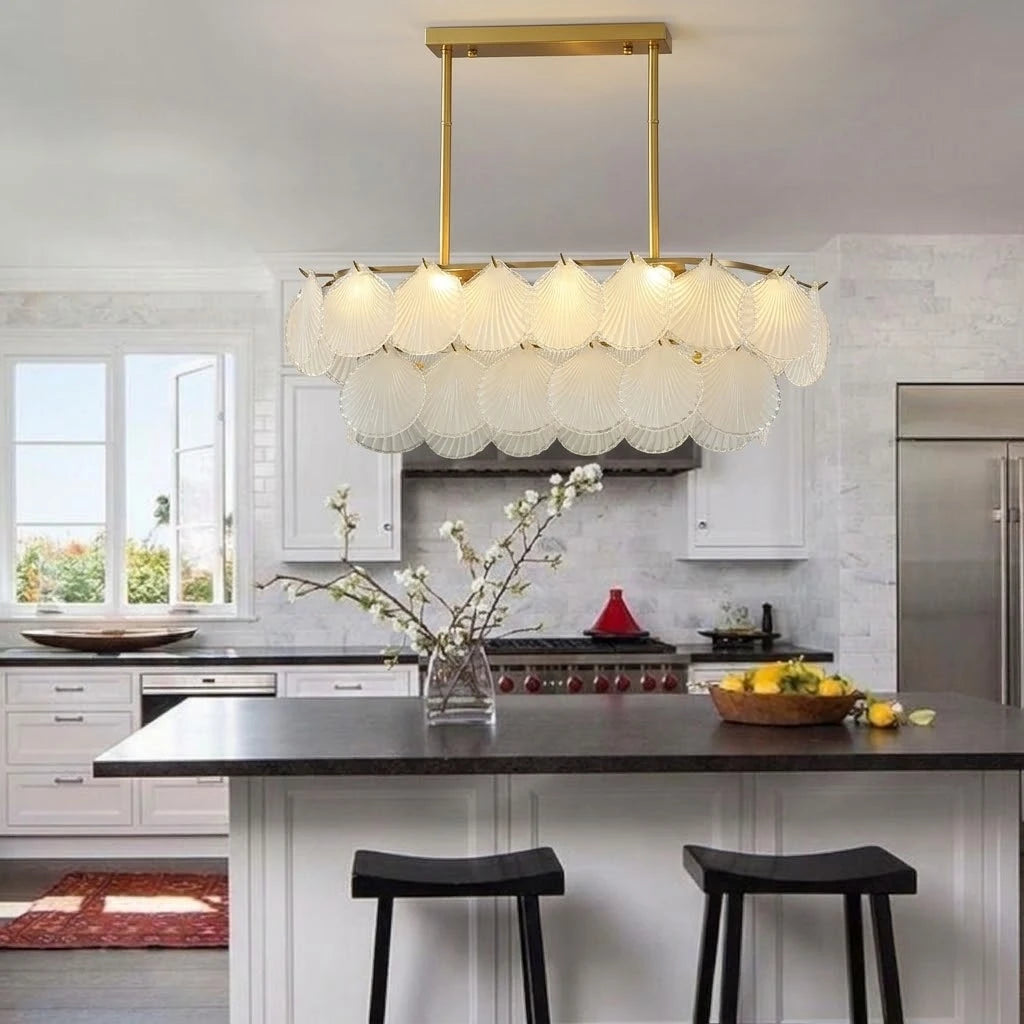 Modern Brass Scale Art Glass Linear Chandelier Over Kitchen Breakfast Bar