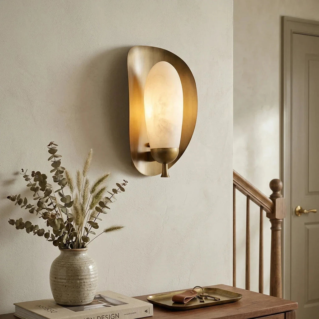 Modern Alabaster Wall Light Illuminating Staircase Entryway