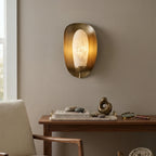 Brass Shield Alabaster Light Over Living Room Desk