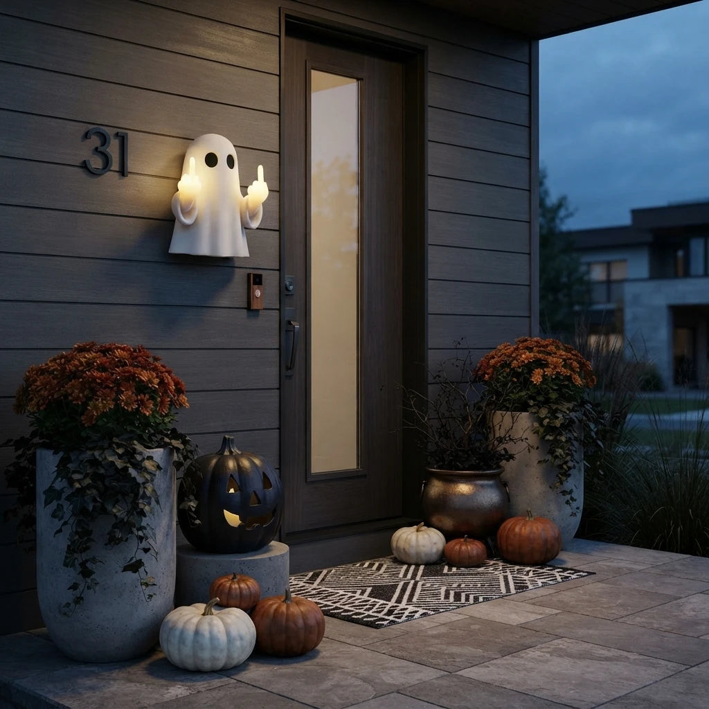 Funny Halloween Ghost Wall Sconce on Front Porch Entrance