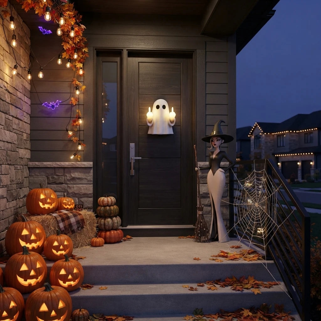 Funny Halloween Ghost Wall Sconce on Decorated Front Steps