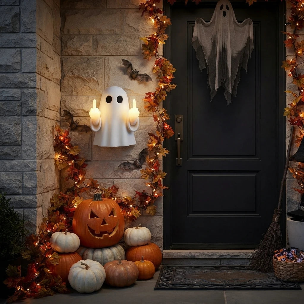 Funny Halloween Ghost Wall Sconce by Haunted Front Door