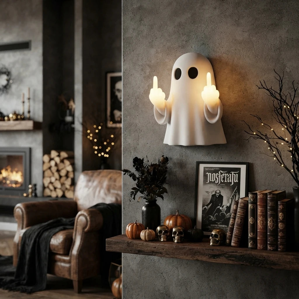Funny Halloween Ghost Wall Sconce Over Living Room Fireplace