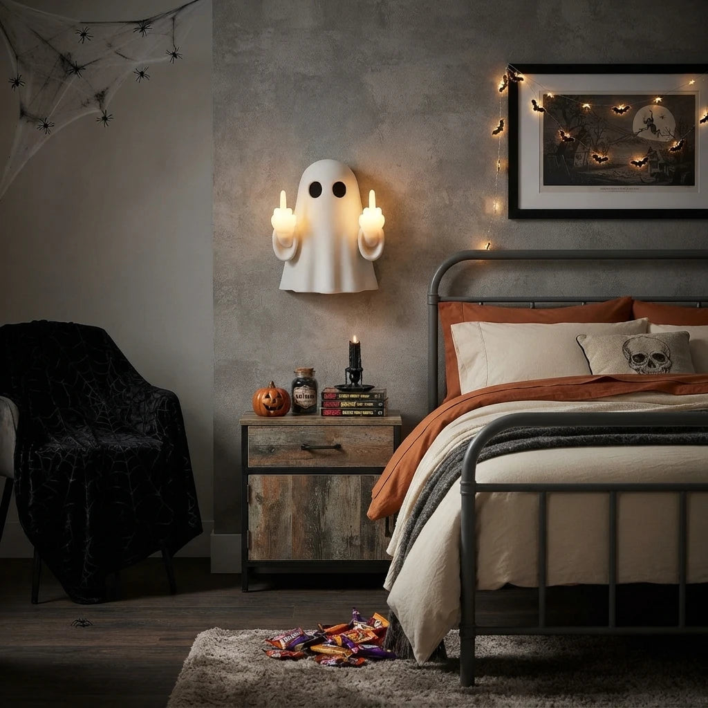 Funny Halloween Ghost Wall Sconce in Spooky Bedroom Interior