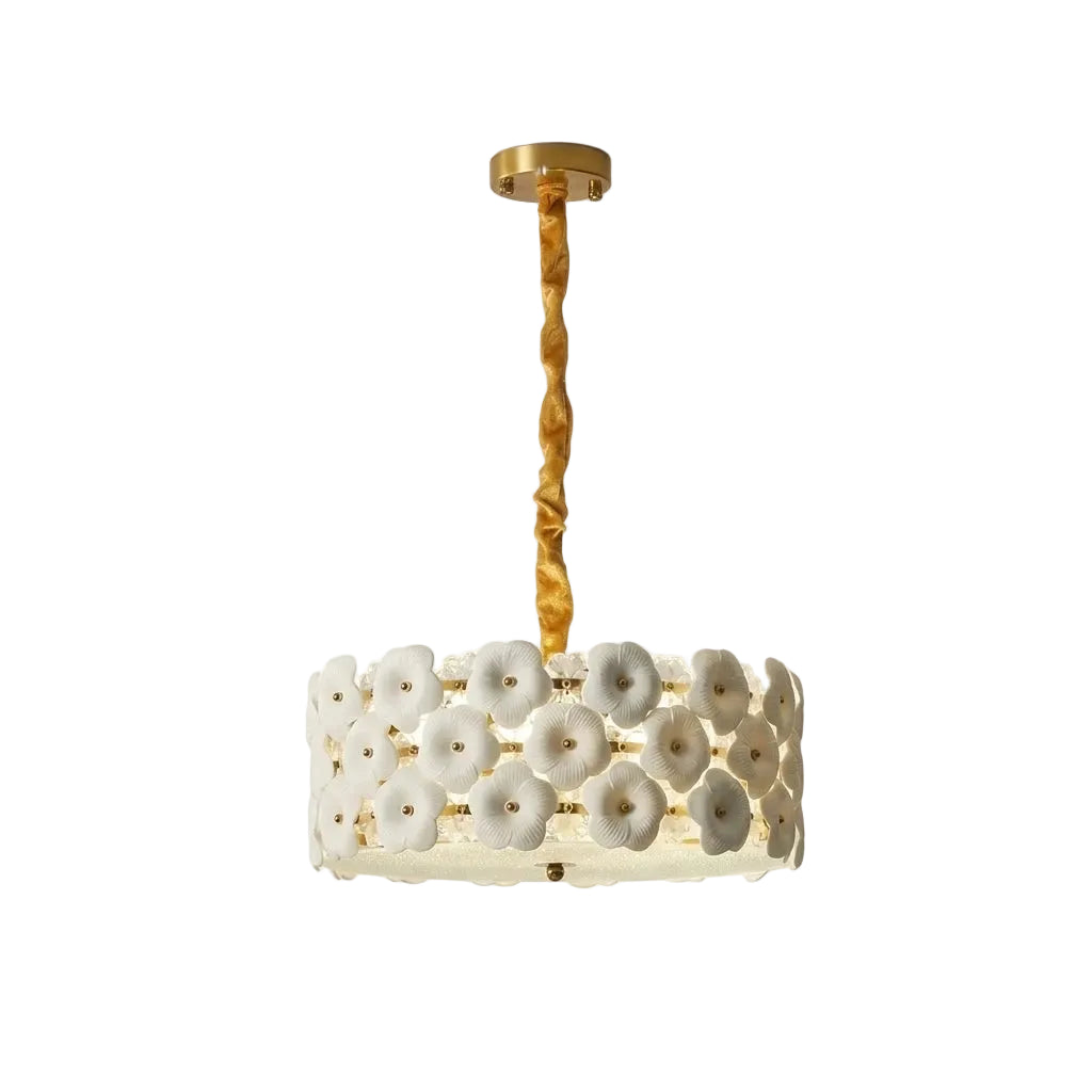 Modern Brass and White Floral Art Glass Semi-Flush Mount Chandelier with Gold Canopy on Pure White Background