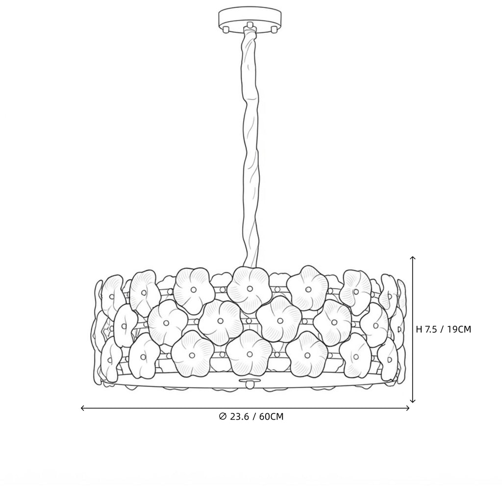 Modern Large White Floral Art Glass Chandelier Line Art Dimension Diagram