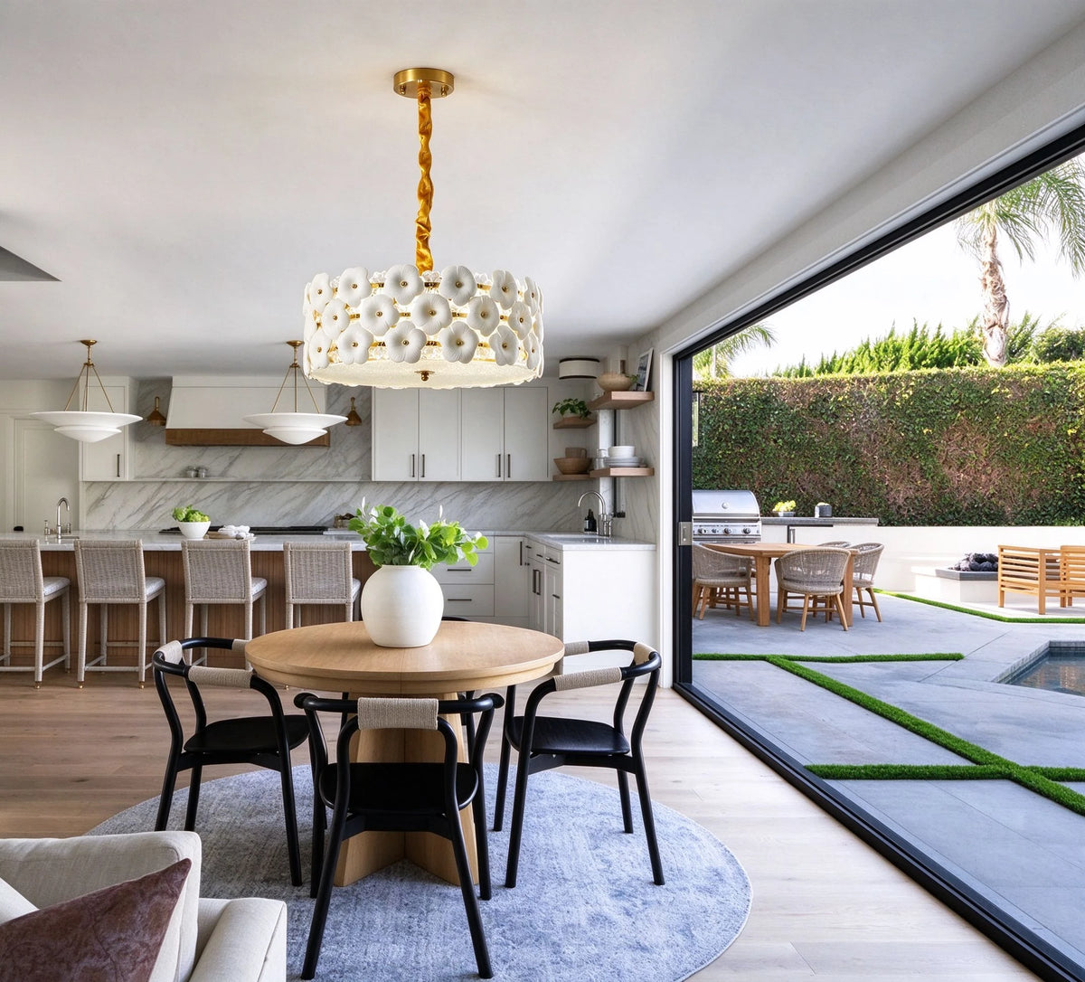 Modern White Floral Art Glass Chandelier Over Kitchen Dining Table