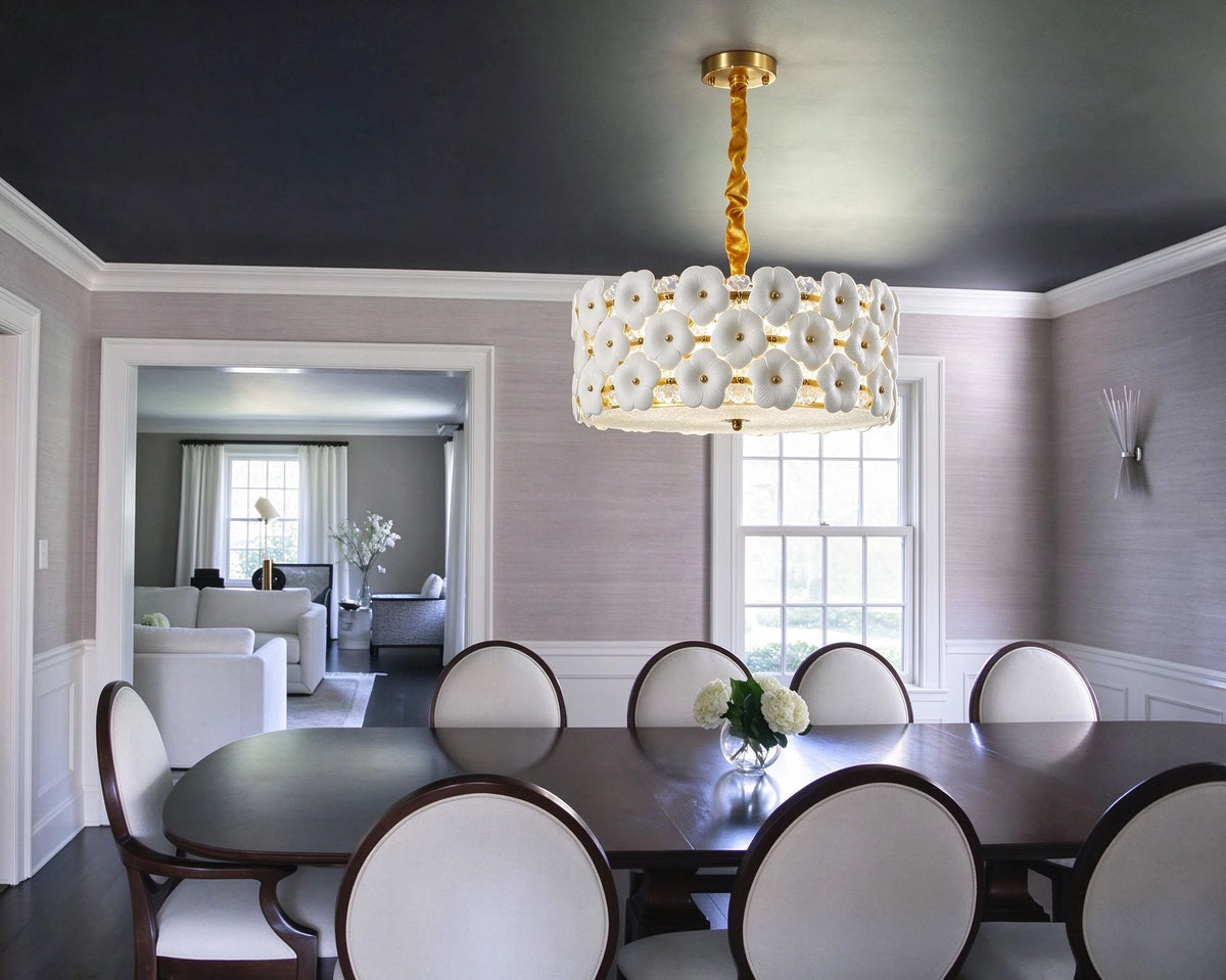 Modern Brass White Floral Chandelier in Formal Dining Room