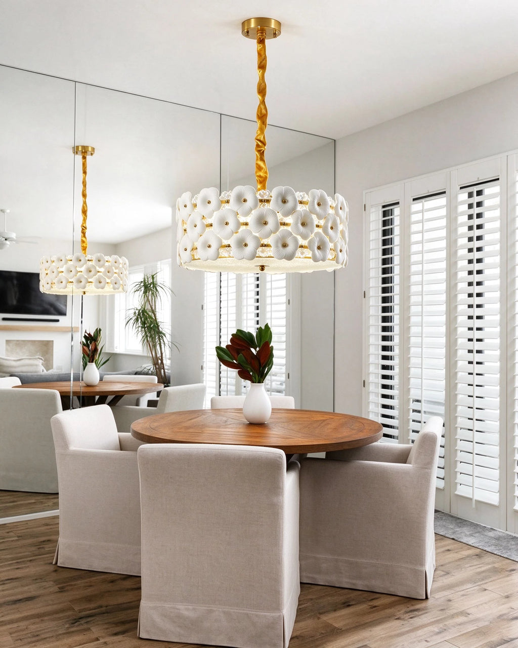 Modern White Floral Art Glass Chandelier Over Round Dining Table