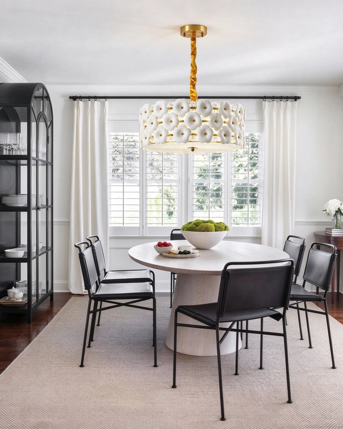 Modern White Floral Art Glass Chandelier in Bright Dining Setting