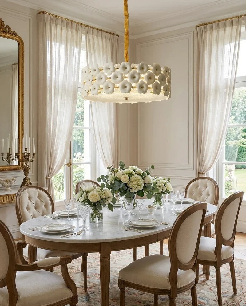 Modern Brass White Floral Chandelier in Elegant Dining Space