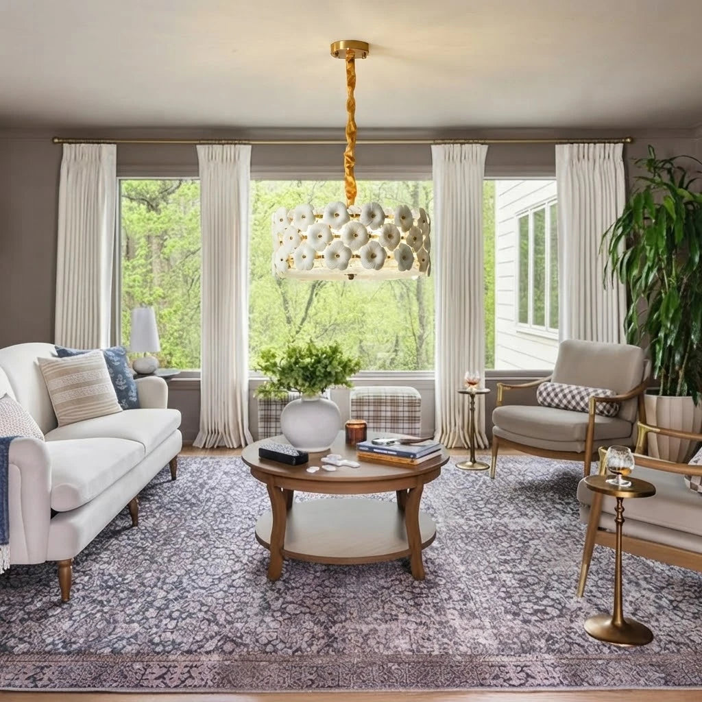 Modern White Floral Art Glass Chandelier in Bright Living Room