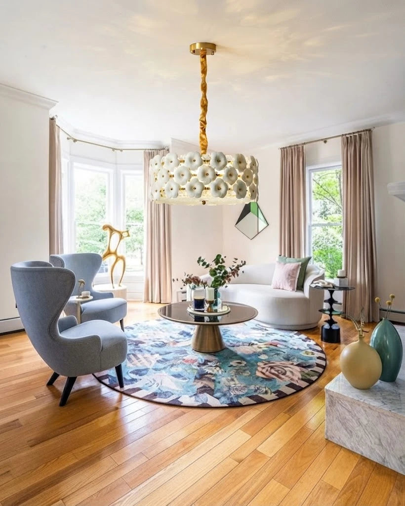Modern Brass White Floral Chandelier in Contemporary Living Area