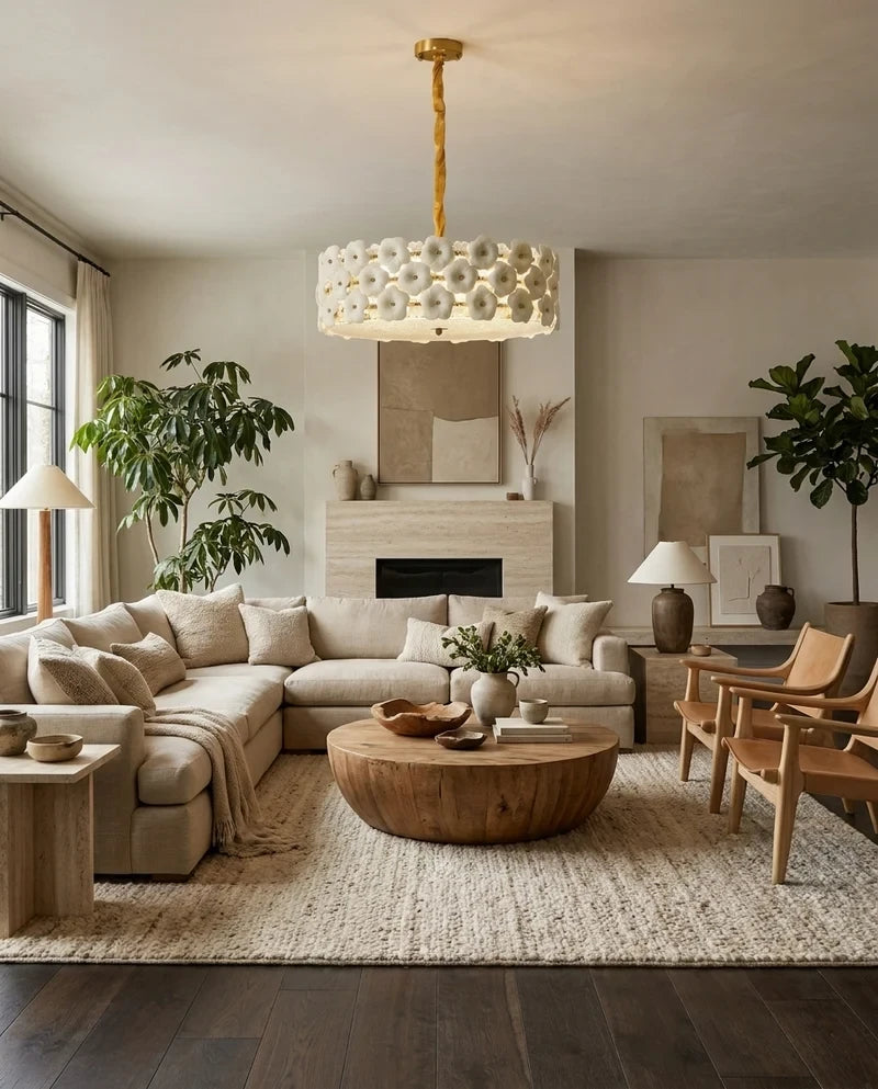 Modern White Floral Art Glass Chandelier in Cozy Living Room