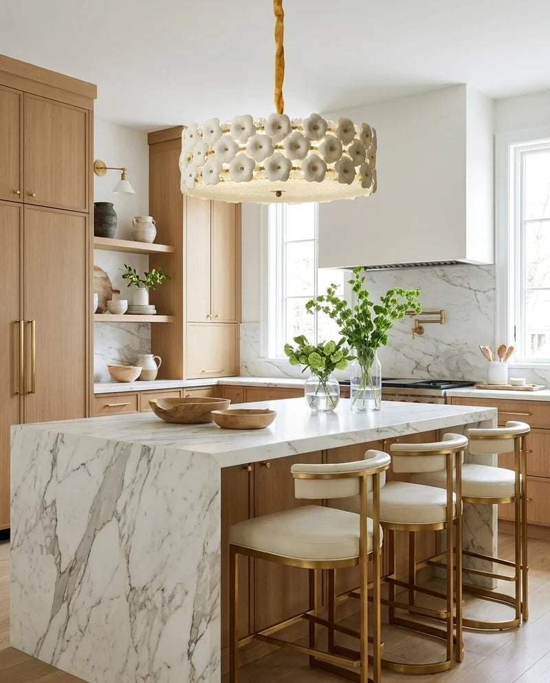 Modern White Floral Art Glass Chandelier Over Kitchen Island