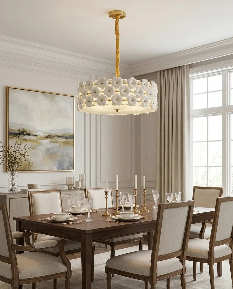 Modern Brass White Floral Chandelier in Stylish Dining Room