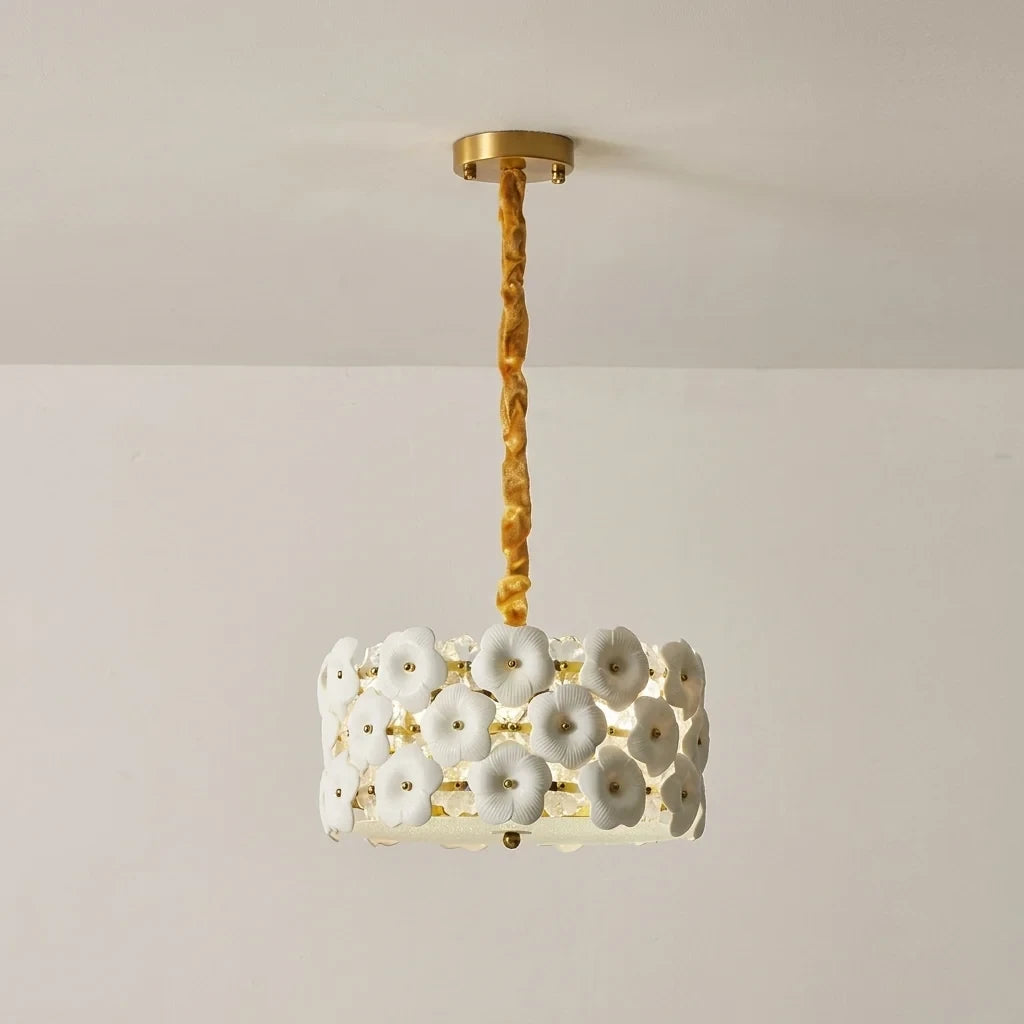 Illuminated Modern White Floral Art Glass Chandelier Studio Shot