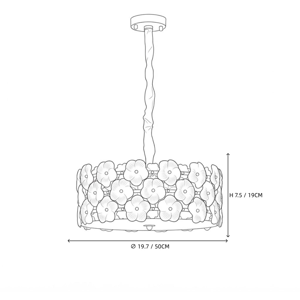 Modern Medium White Floral Art Glass Chandelier Line Art Dimension Diagram