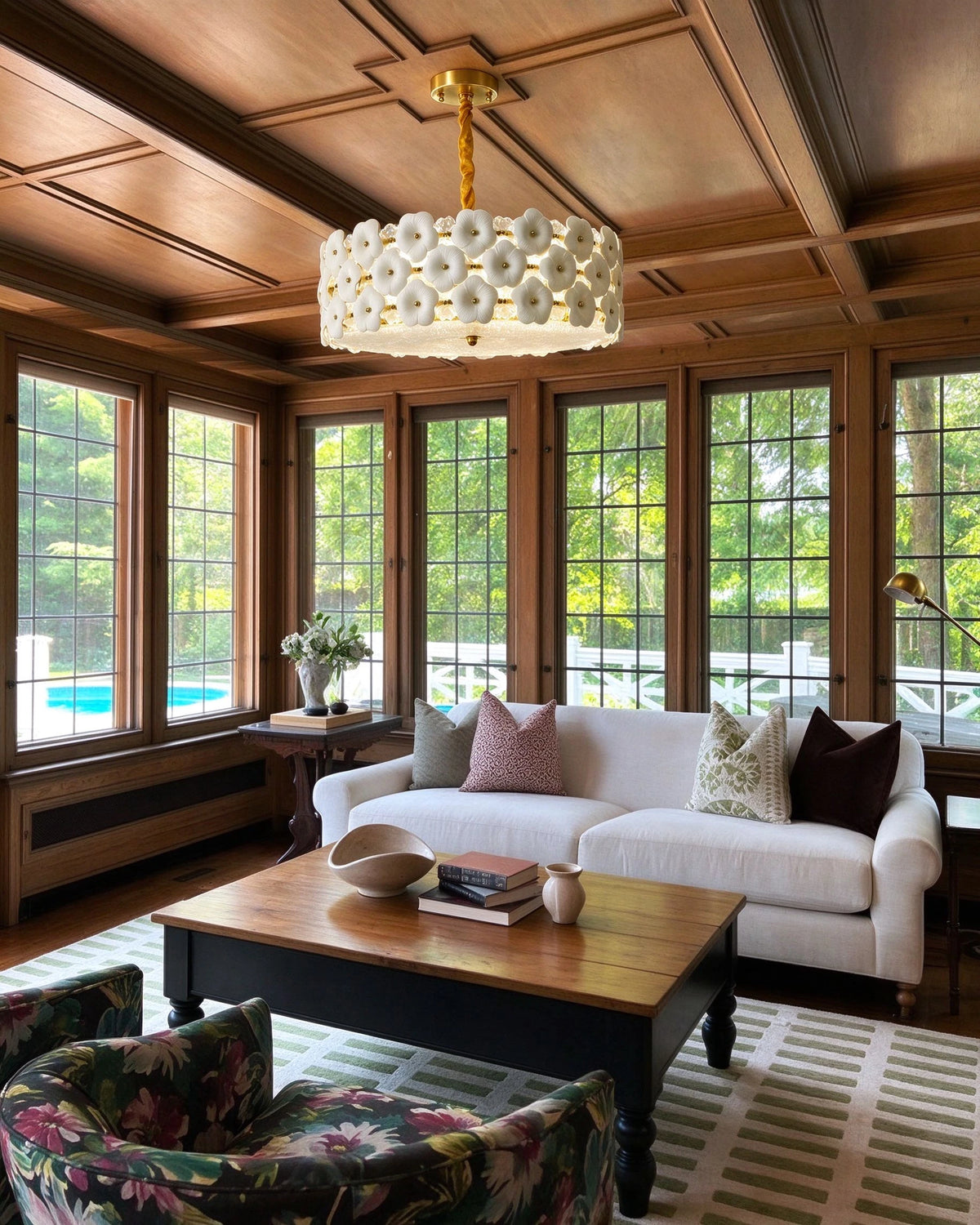 Modern White Floral Art Glass Chandelier in Sunroom with Wooden Beams