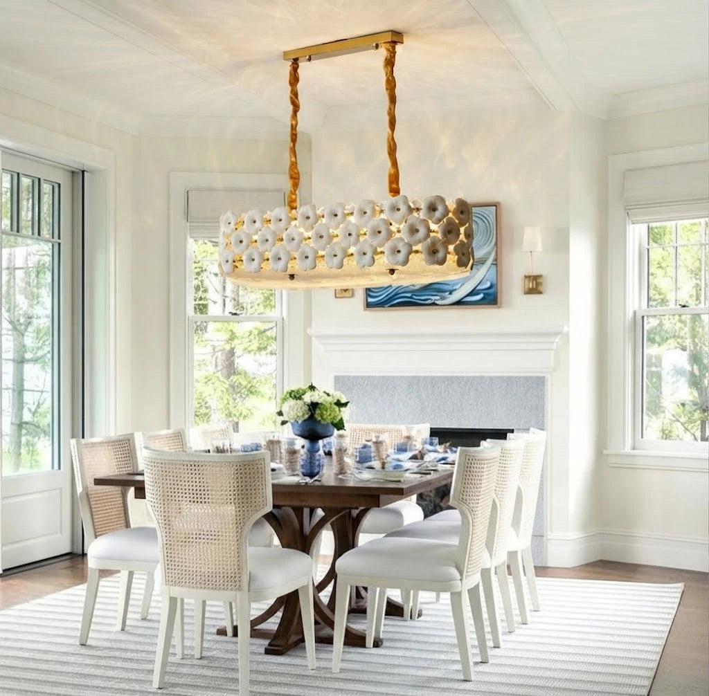 Modern Brass Double-Tier White Floral Linear Chandelier Over Round Dining Table