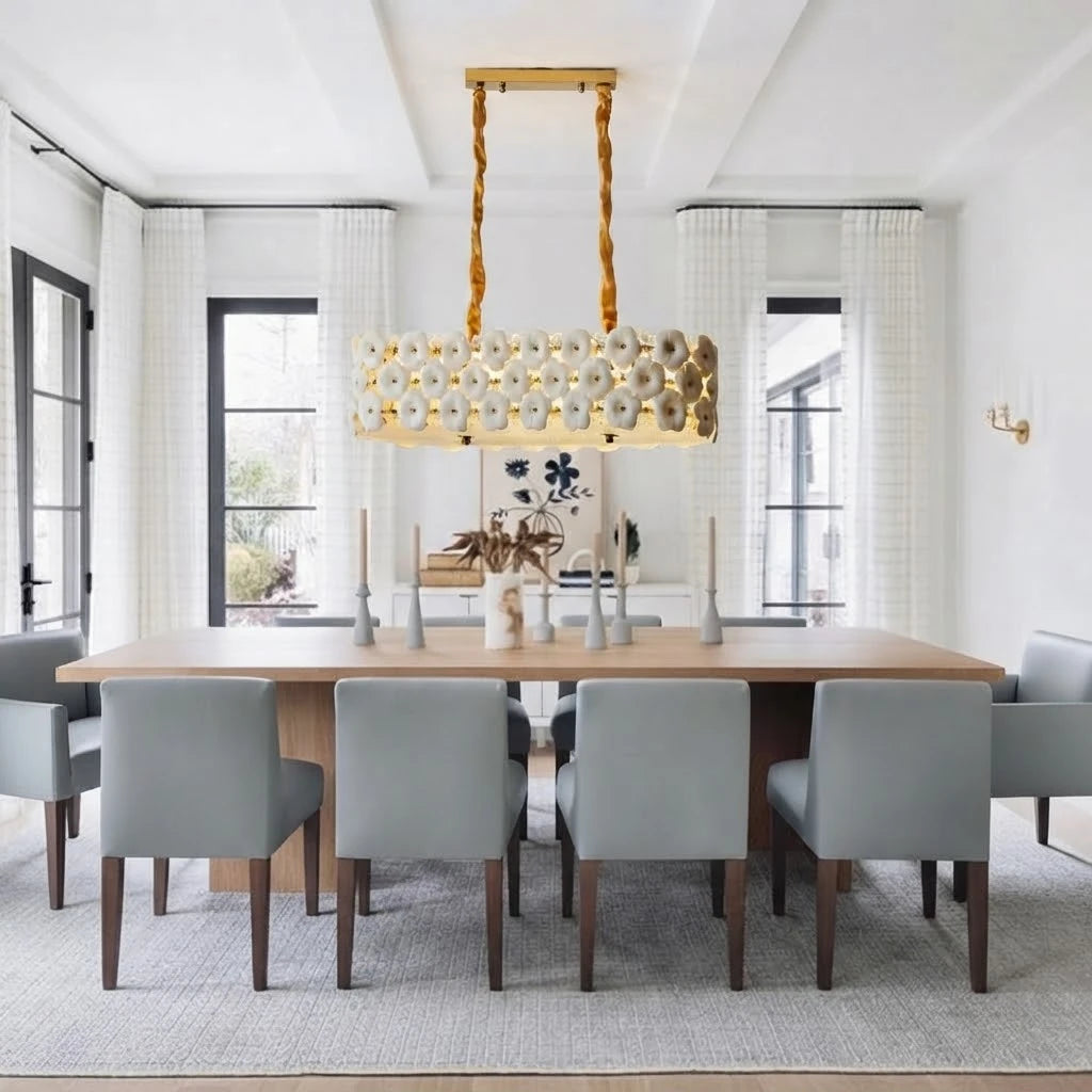 Modern Double-Tier White Floral Art Glass Linear Chandelier in Contemporary Dining Area