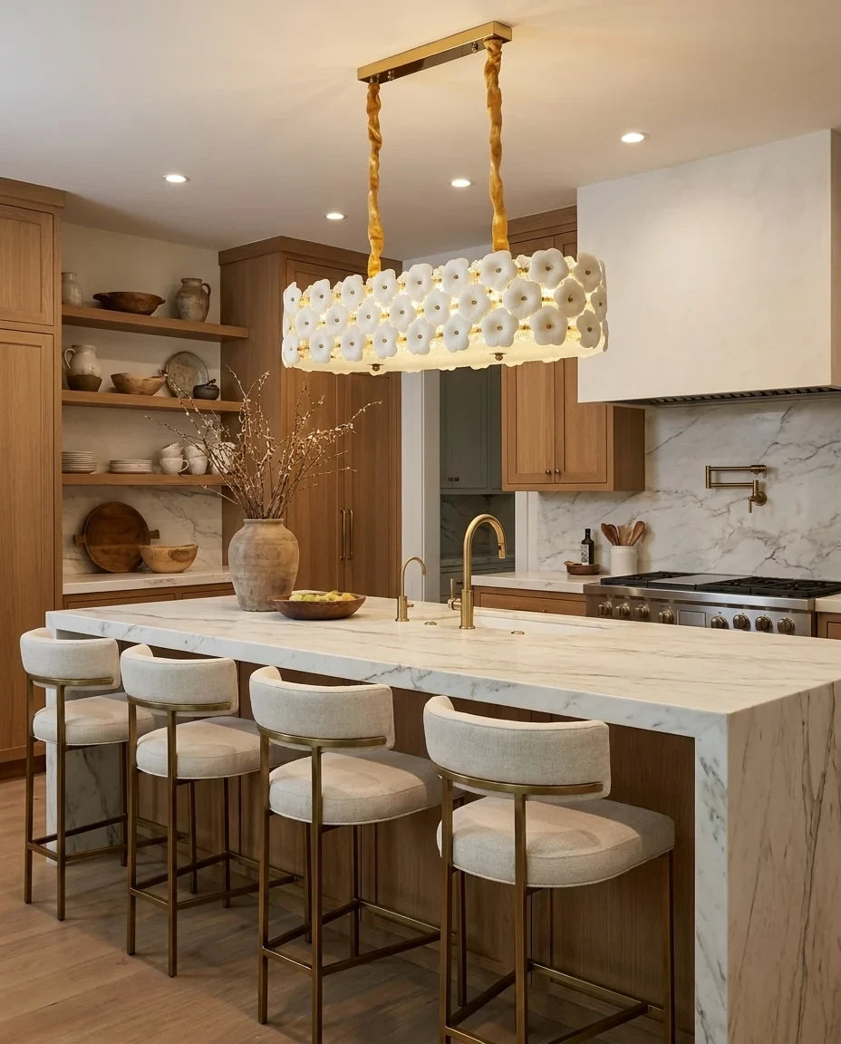 Modern Brass Double-Tier White Floral Linear Chandelier Over Kitchen Breakfast Bar