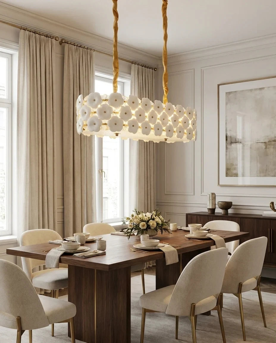 Modern Double-Tier White Floral Art Glass Linear Chandelier in Classic Dining Setting