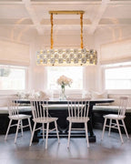 Modern Brass Double-Tier White Floral Linear Chandelier Over Dining Nook