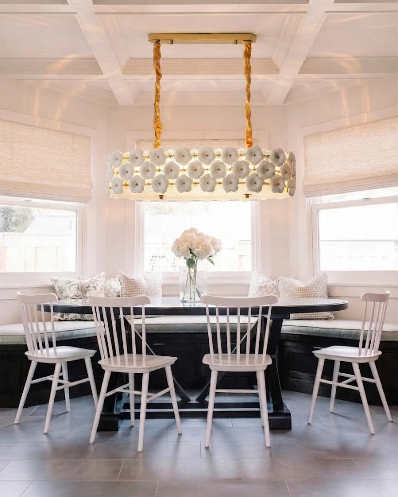 Modern Brass Double-Tier White Floral Linear Chandelier Over Dining Nook