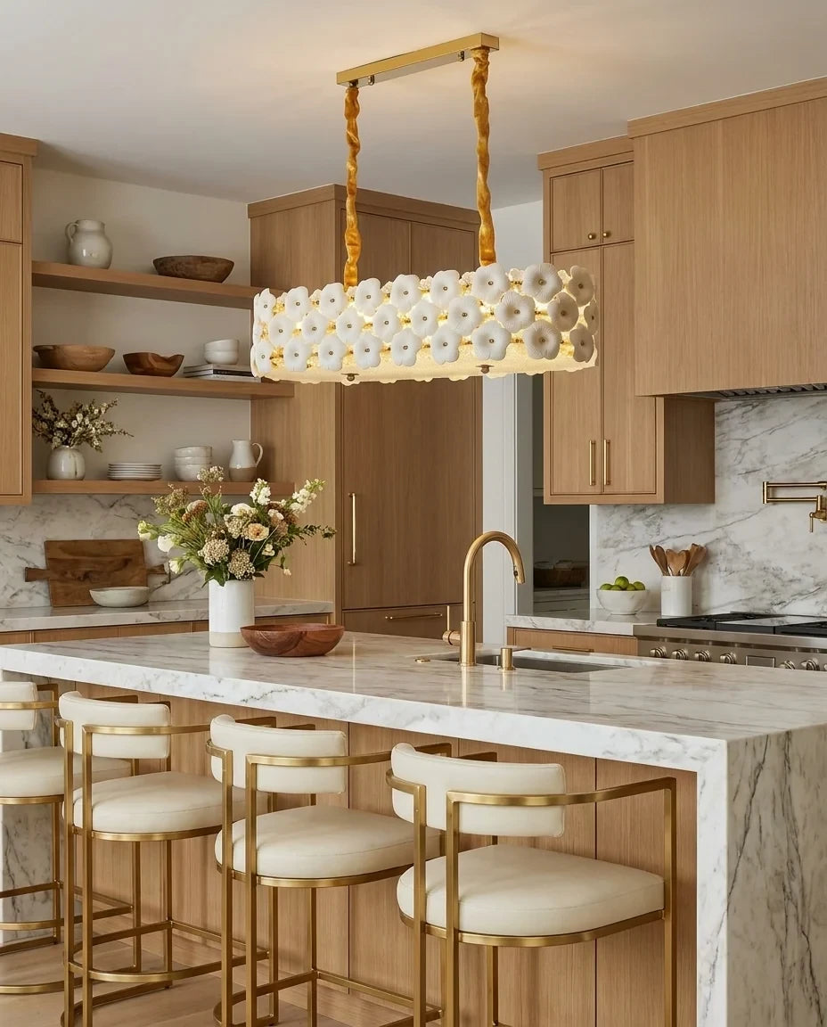Modern Double-Tier White Floral Art Glass Linear Chandelier in Wooden Kitchen Dining Area