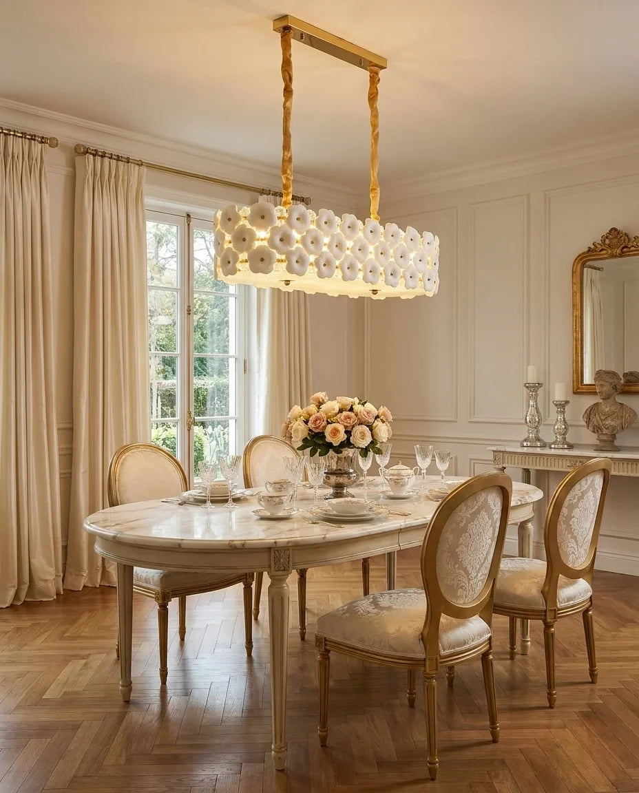 Modern Brass Double-Tier White Floral Linear Chandelier in Open Plan Dining Room