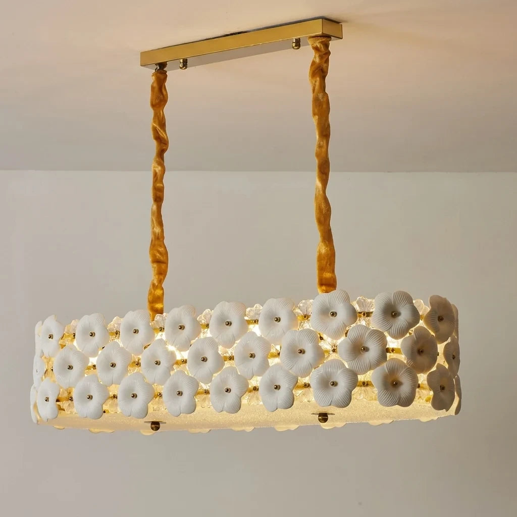Illuminated Modern Brass Double-Tier White Floral Linear Chandelier Studio Shot