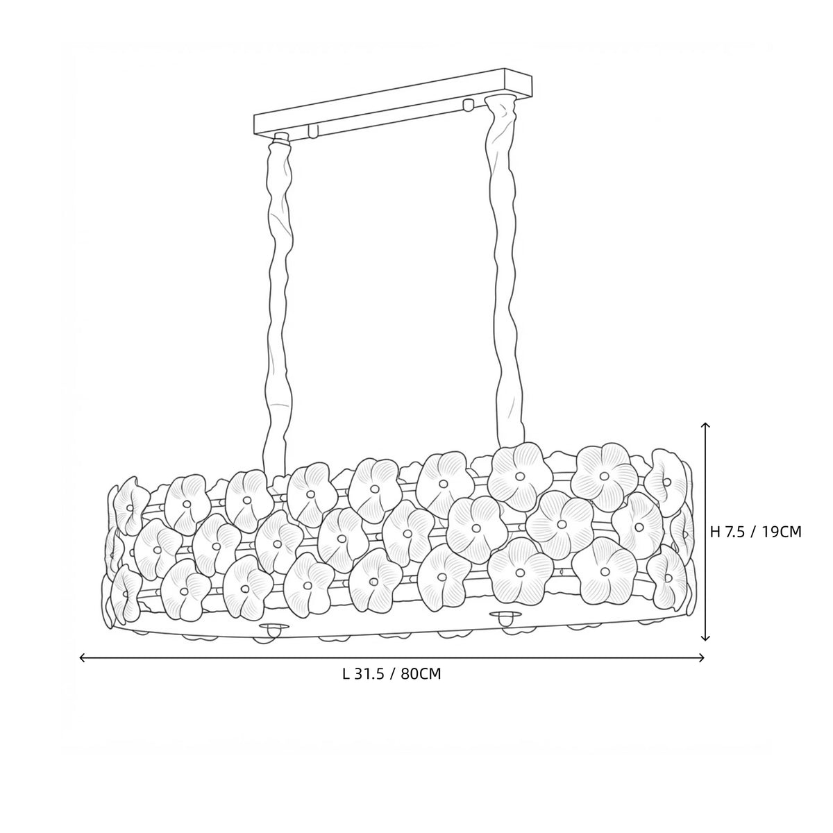Modern Double-Tier White Floral Art Glass Linear Chandelier Line Art Dimension Diagram
