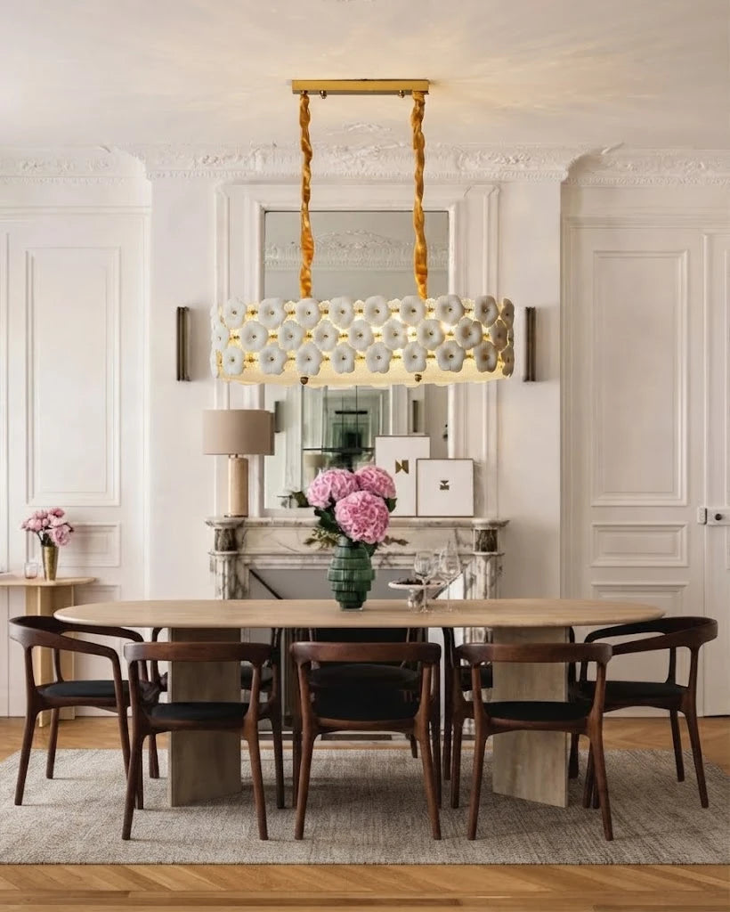Modern Brass Double-Tier White Floral Linear Chandelier in Formal Dining Room