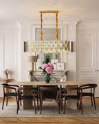Modern Brass Double-Tier White Floral Linear Chandelier in Formal Dining Room