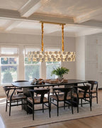 Modern Double-Tier White Floral Art Glass Linear Chandelier in Elegant Dining Space