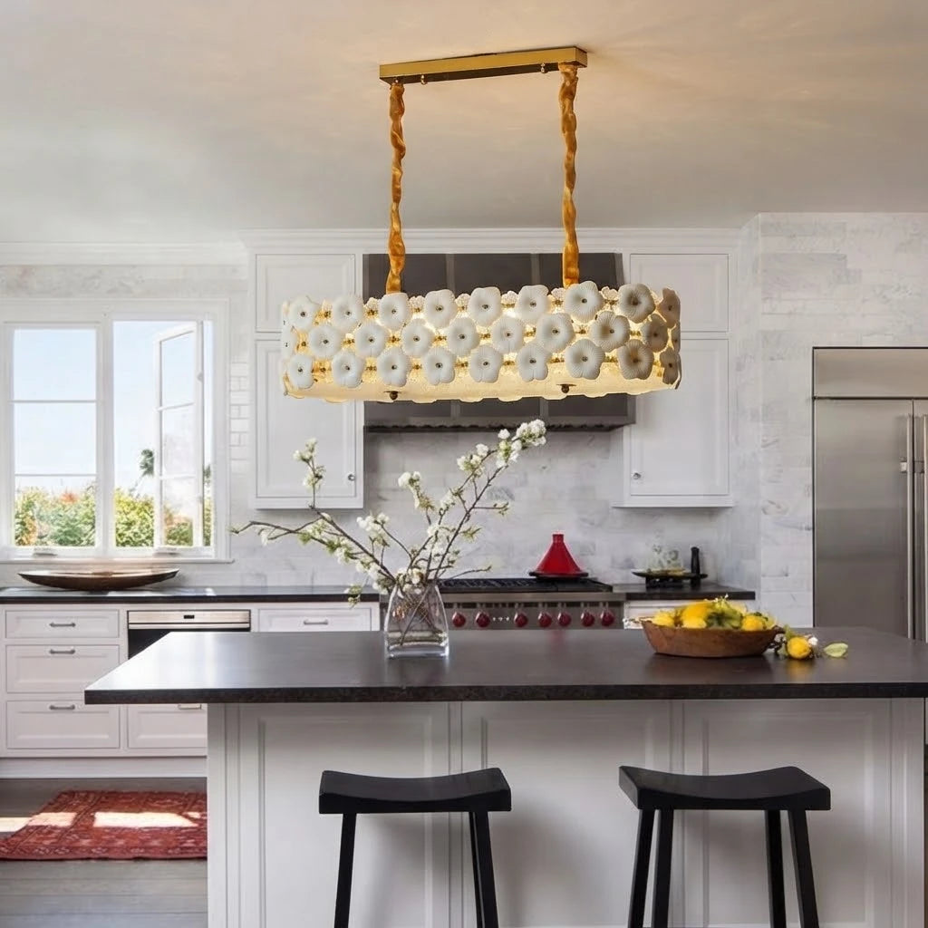 Modern Brass Double-Tier White Floral Linear Chandelier Over Kitchen Island