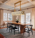 Modern Double-Tier White Floral Art Glass Linear Chandelier in Bright Dining Room
