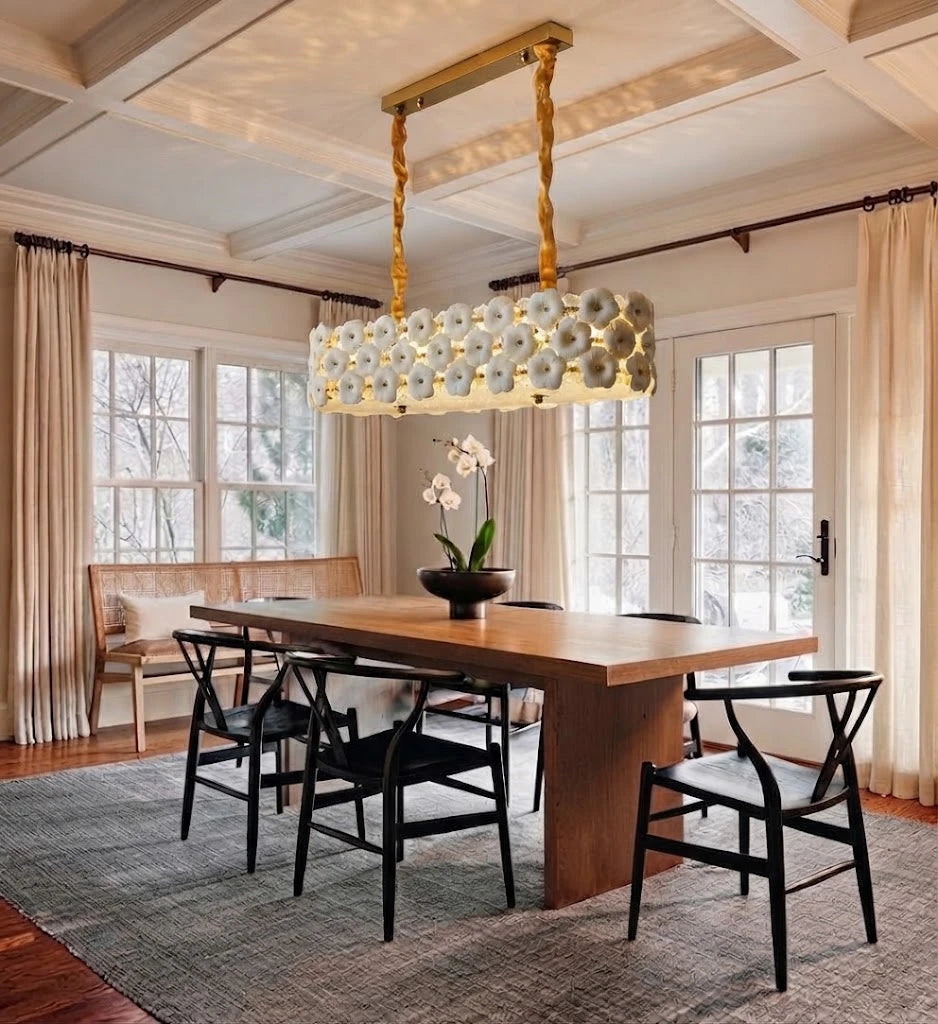 Modern Double-Tier White Floral Art Glass Linear Chandelier in Bright Dining Room
