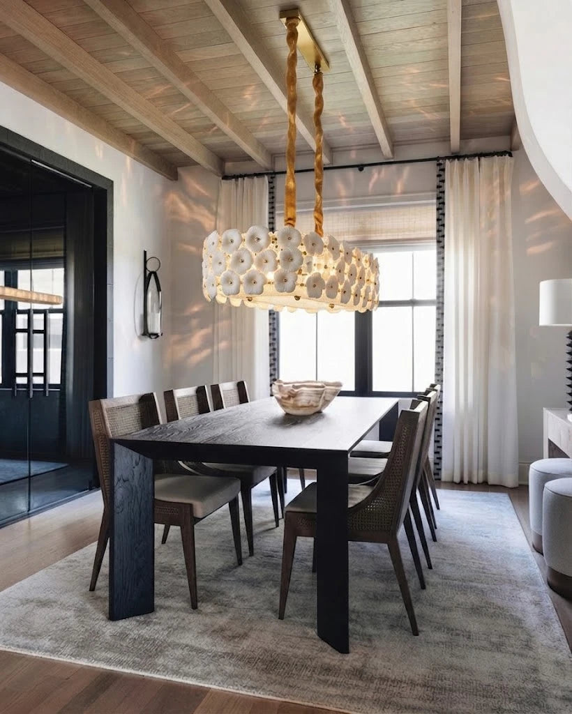 Modern Double-Tier White Floral Art Glass Linear Chandelier in Luxury Dining Room