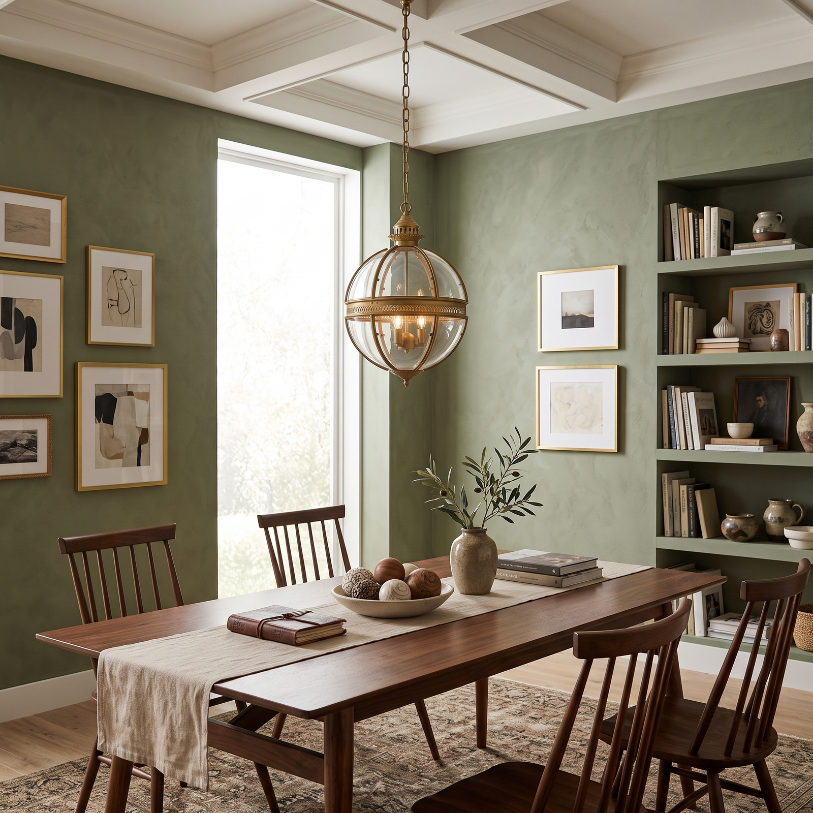Traditional Brass Globe Lantern Chandelier Over Dining Room Table