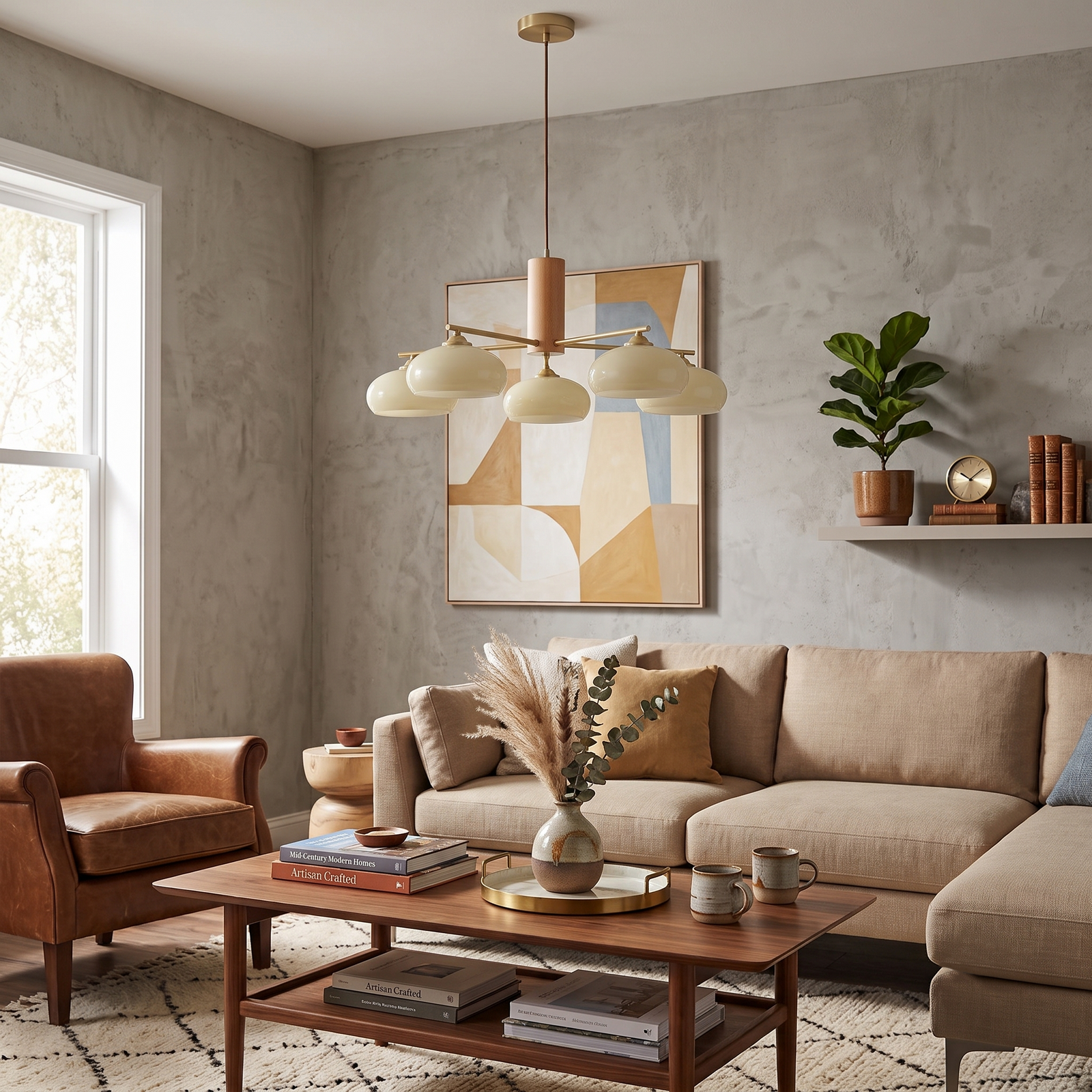 Modern Organic Wood Glass Pendant Light Over Living Room
