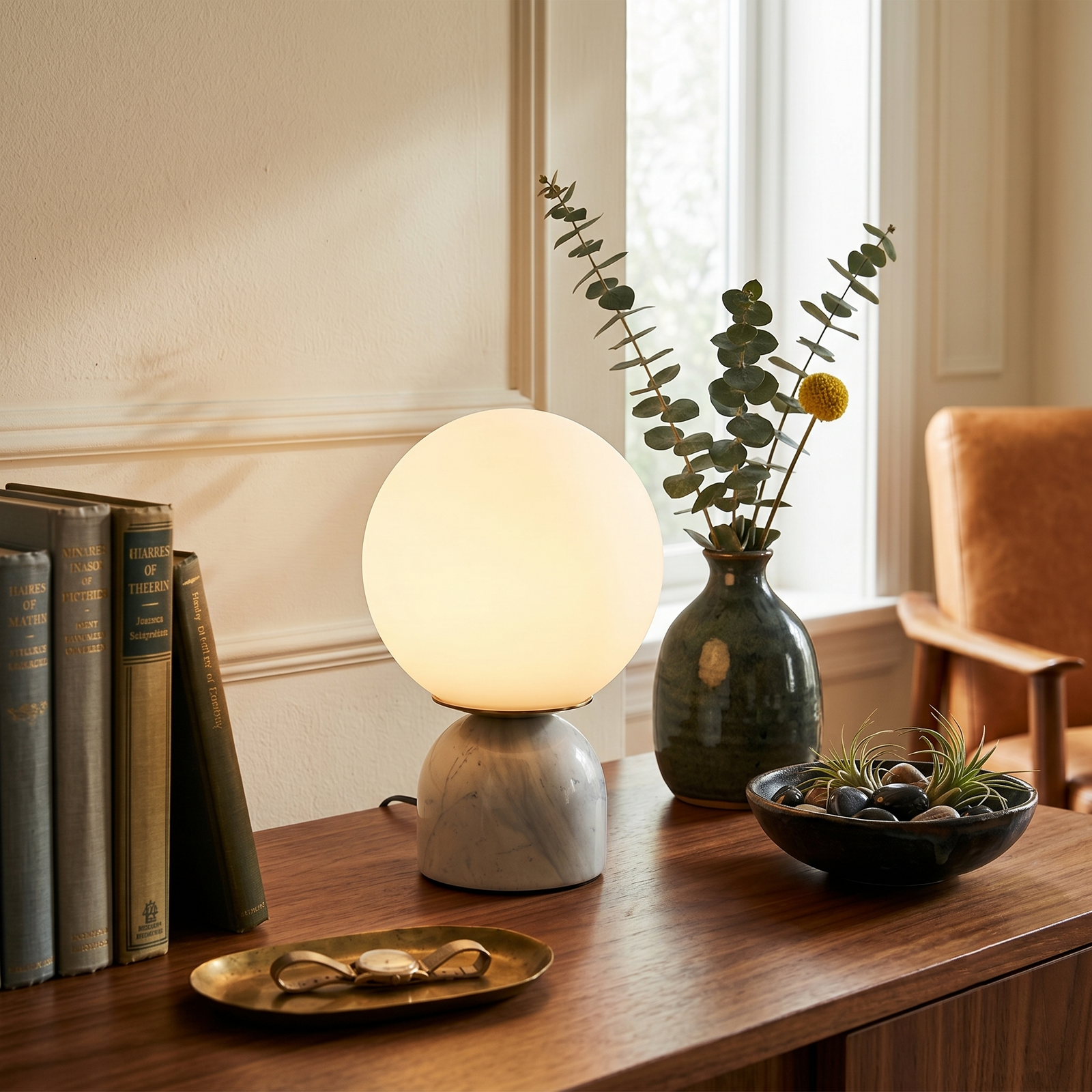 Modern Marble Globe Table Lamp Over Living Room Credenza