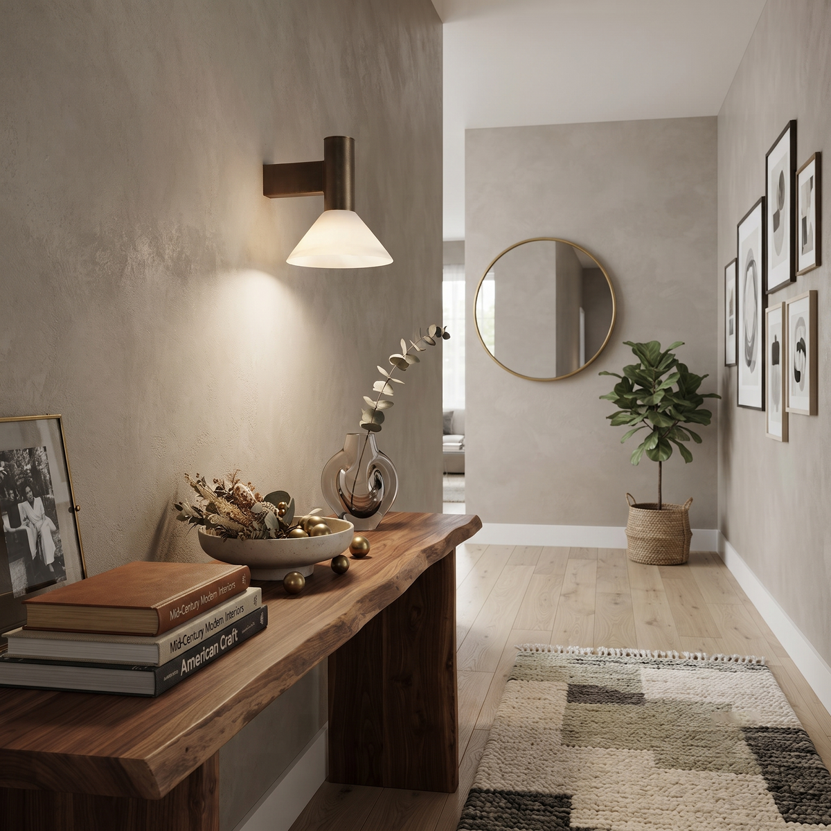 Cone Alabaster Sconce Light Installed in Contemporary Hallway